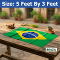 (5 by 3) Feet World Cup Special Brazil National Flag With Durable Hanging Rope Easy To Install On Pole Window Balcony Fadeless Printing Green Yellow Blue Colors Brasil National Team Football Match Celebration.