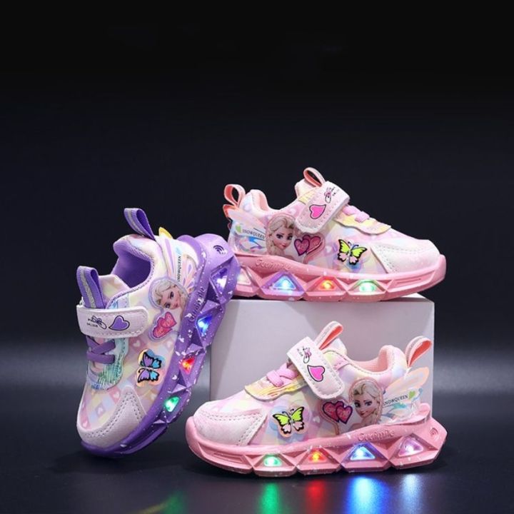 Fashion New Style Children Led Shoes Popular Brand Kids Girls Sneakers  Disney Elsa Princess Lighting Shoes Casual Sports Shoes