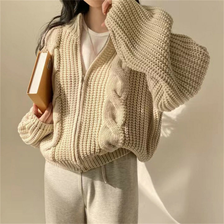 South Korea chic Autumn and Winter New Retro Lazy Loose Zip Cable-Knit  Sweater Coat Women's Thick Thread Knitted Cardigan