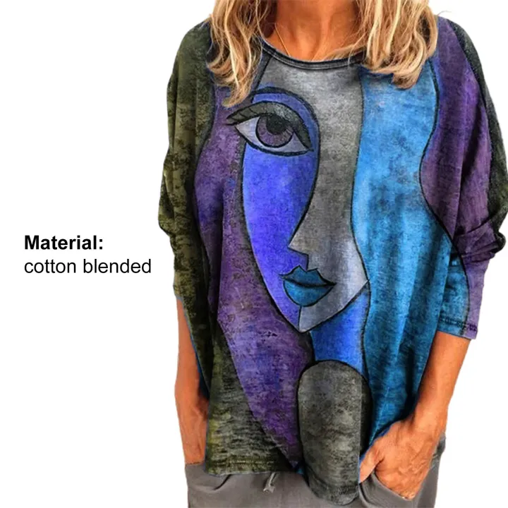 Women%20Blouse%20Round%20Neck%20Abstract%20Face%20Print%20Long%20Sleeve%20Blouse%20-%20Image%204