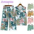 Women Pajama Set Floral Print Sleeveless Vest Wide Leg Pants Set for Mid-aged Women Casual Homewear Pajamas Set Loose Vest Pants Set.