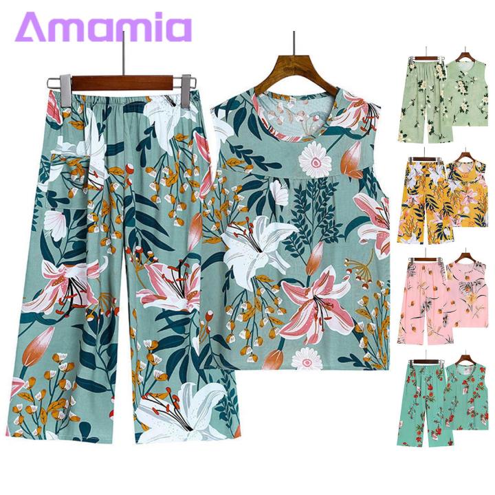 Women Pajama Set Floral Print Sleeveless Vest Wide Leg Pants Set for Mid-aged Women Casual Homewear Pajamas Set Loose Vest Pants Set