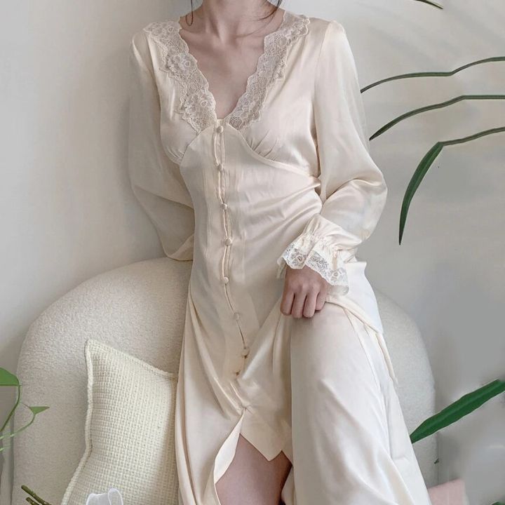 Elegant French Court Sleepwear Women Long Nightdress Spring Summer