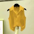 Solid Color Sleeveless Chiffon Crepe Shirt Summer Women Blouses Fashion White Yellow Button Up Shirts Office Ladies Basic Top.