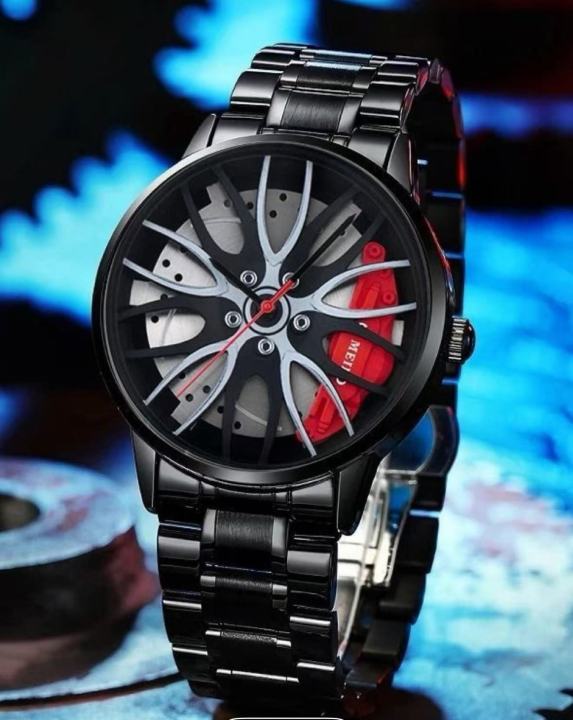 Men Quartz Watch for Waterproof Vacuum Plating Strap with Car Wheel Rim Hub Design Sport Automatic Wristwatch (307366195 )