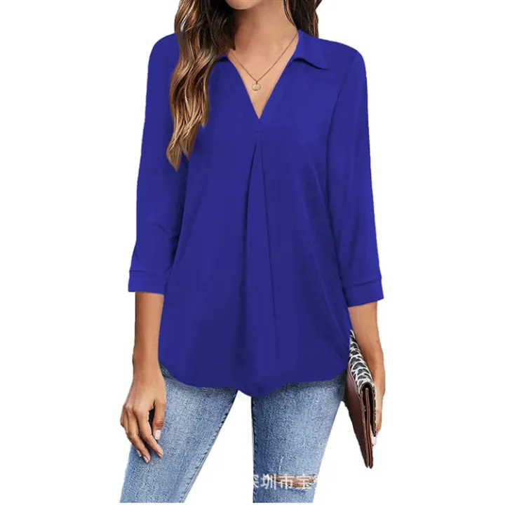 Woman's%20plus%20size%20V-neck%20long%20sleeve%20pullover%20blouse%20for%20spring%20&%20summer%20-%20Image%202