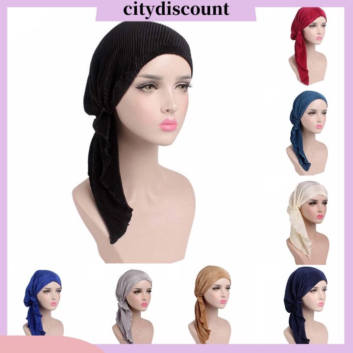 City_Fashion Women Wrinkle Long Turban Cap Head Wrap Chemo Hat Beanie Muslim Hijb