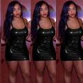 Women Solid Leather Wetlook Night Club Bodycon Party Short Mini Dress.