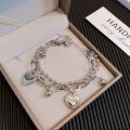 Ins Double-layers Korean Heart Tassel Bracelets For Women Stainless Steel Thick Chain Beaded Bangle Hiphop Bracelet Jewelry Gift.