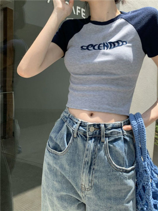 2024%20Summer%20Korean%20Style%20Female%20Streetwear%20Cartoon%20Letter%20Print%20Short%20Tshirt%20Slim%20Elasticity%20O-Neck%20T-Shirt%20Women%20Crop%20Tee%20Tops%20-%20Image%204