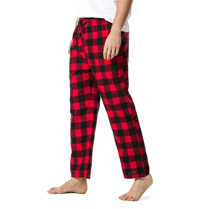 Red Black Plaid Pajama Pants Men Lounging Relaxed House PJs Sleep Bottoms Mens Flannel Cotton Drawstring Button Fly Sleepwear