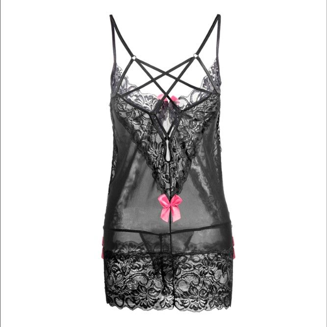 Black%20Women's%20Mesh%20Lace%20Nightdress%20+%20Thong%20Suit%20Exotic%20Clothing%20Nightwear%20Set%20-%20Image%204