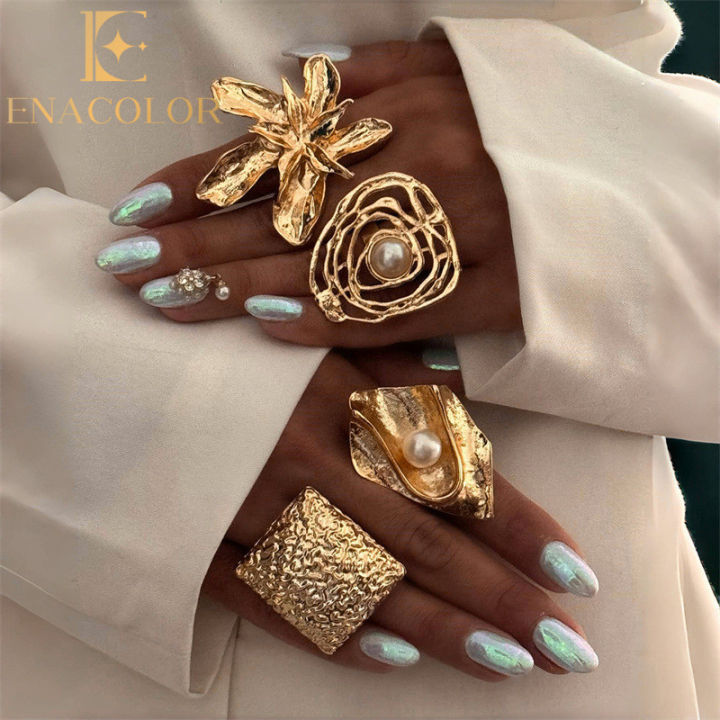 Enacolor 4Pcs/Set Retro Gold Irregular Alloy Flowers Ring Set Joint Rings for Women Exaggeration Jewelry Accessories Gifts