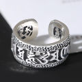 Retro six-character mantra ring for men, old hollow open ring, fashionable imitation Thai silver, old heart sutra men's ring.