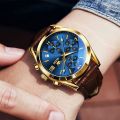 Olevs Elegant Men Fashion Analog Quartz Watch with Brown Leather Strap and Mineral Glass.