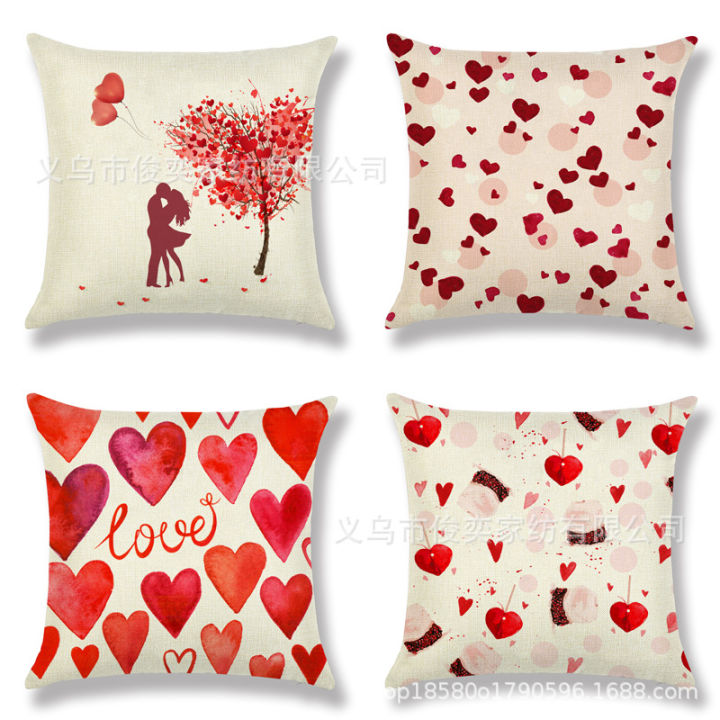 Amazon Hot Sale Valentine's Day Pillow Cover Red Peach Heart Couple Linen Cushion Love Heart Tree Lumbar Cushion Cover