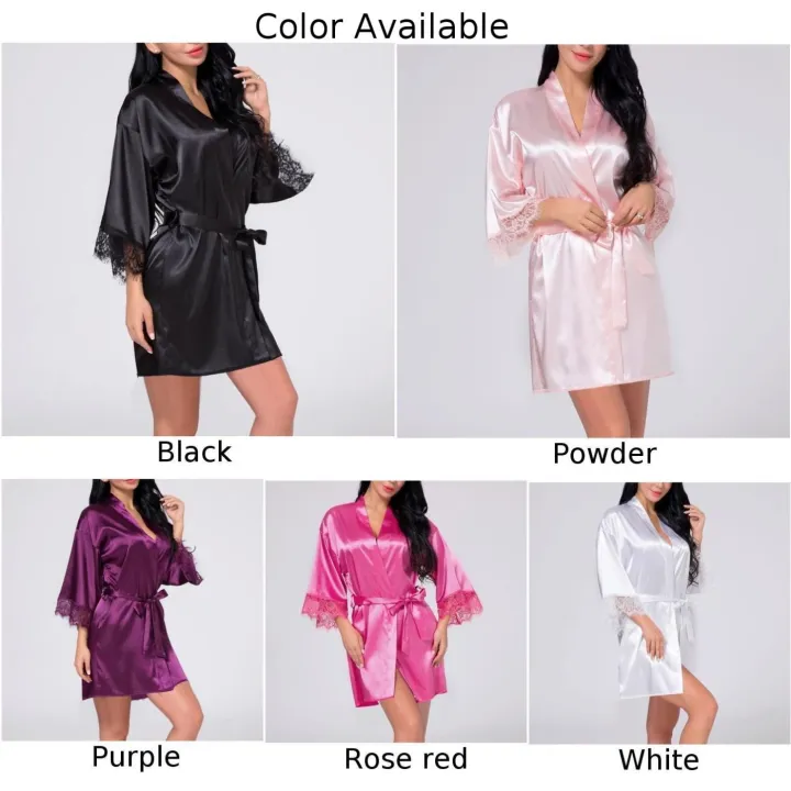 Women%20Night%20Gown%20Robe%20Lace%20Bathrobe%20Halt%20Sleeve%20Nightdress%20Female%20French%20Silky%20Satin%20Solid%20Color%20Sleepwear%20With%20Belt%20-%20Image%205