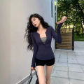Pure Hot Girl Slim Fit V Collar Sling Outer Long-Sleeves Women's Spring 2024 New Tight Slimming Two-Piece Suit. 
