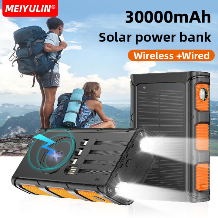 30000mAh Solar Wireless Power Bank Portable With Compass External Battery Cables Outdoor Camping Powerbank for iPhone 15 Samsung