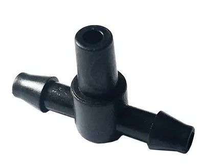 4 mm Tee connector, two ends barbed and one end plain, used to connect atomizer mist or micro sprayer for garden watering irrigation system.