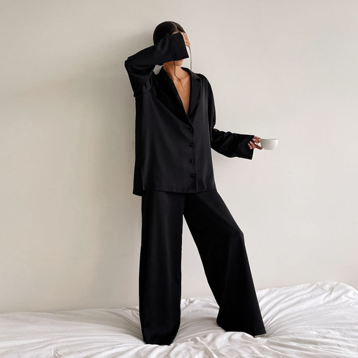 Low%20Cut%20Fashion%20Pajamas%20Set%20For%20Women%20Loose%20Casual%20Long%20Sleeve%20Trouser%20Suits%20Solid%20Satin%20Silk%20Female%20Home%20Fitted%20Tops%202-Pce%20-%20Image%204