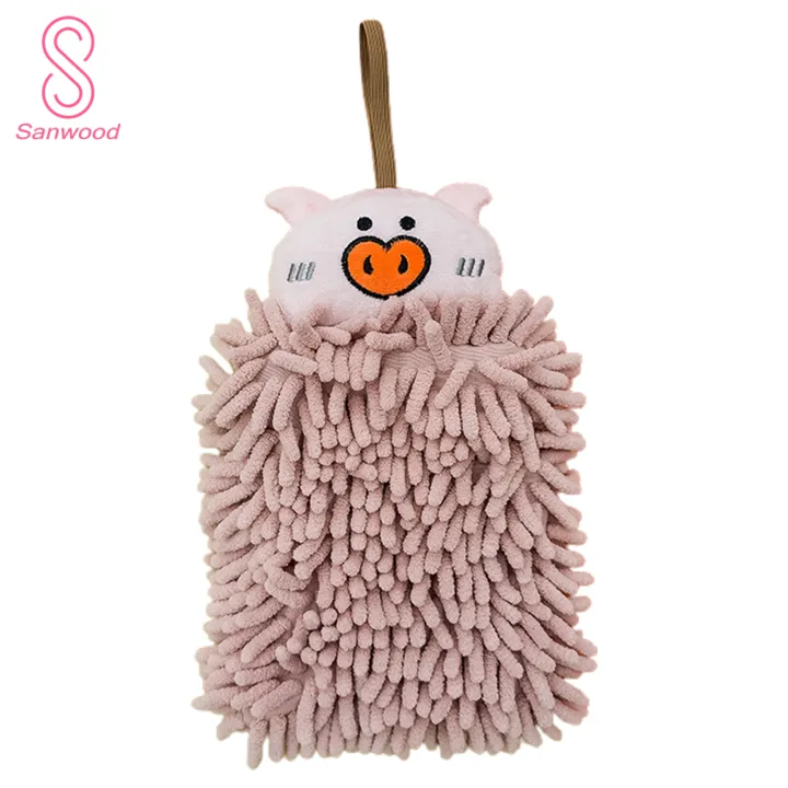 Chenille Hand Towel with Hanging Rope Quick Dry Soft Cute Cartoon Design Perfect Kitchen Bathroom Supplies