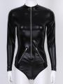 Women Bodycon Bodysuit Zipper Patent Leather Jumpsuit Ladies Slim Long Sleeves Bodysuits Rompers Body Mujer.