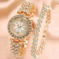 Fashionable Flower Design Stone Quartz Watch & Bracelet For Women 2Pcs Set. 