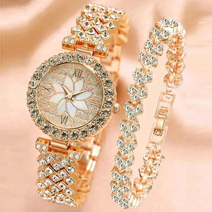 Fashionable%20Flower%20Design%20Stone%20Quartz%20Watch%20&%20Bracelet%20For%20Women%202Pcs%20Set%20-%20Image%204