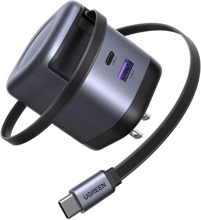 UGREEN Nexode 65W GaN USB C Retractable Charger with Built-in Cable, 2-Port Fast Charging Wall Adapter for iPhone 17/16/15, Galaxy S26/S25/S24, Pixel 10/9/8, MacBook Pro/Air/Neo, iPad, AirPods
