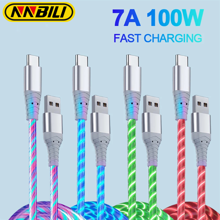 NNBILI 7A Glowing Cable Micro,iOS USB Type C Cable 100W Super Fast Charging For Huawei Samsung Xiaomi Phone USB Wire LED Cable