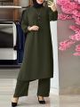 Muslim Matching Sets Fashion Casual Suit Islamic Clothing Full Sleeve Blouse Loose Solid Color Abaya Hijab Pant.