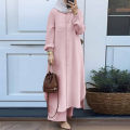 Ladis fashionable 2 Pieces set Islamic Dress Jumpsuit Muslim Top Solid Arabic Blouse and Pants Dubai Abaya.