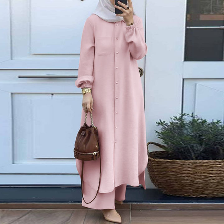 Ladis%20fashionable%202%20Pieces%20set%20Islamic%20Dress%20Jumpsuit%20Muslim%20Top%20Solid%20Arabic%20Blouse%20and%20Pants%20Dubai%20Abaya%20-%20Image%202