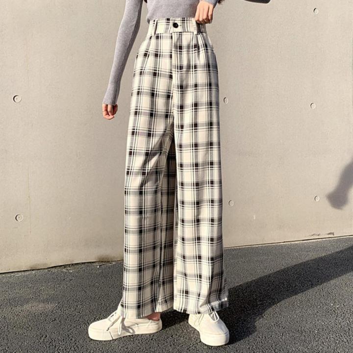 Plaid Pants Women Wide Leg Loose 4XL Plus Size Slacks Trousers Checkered  High Elastic Waist All-match Girl Spring Casual