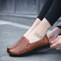 Women Shoes Hollow Breathable Slip on Shoes Fashion Comfortable Loafers Soft Bottom Flats Shoes for Women Leather Shoes Kasut Perempuan. 