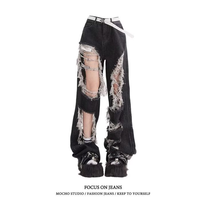 Small man black ruined ripped straight leg jeans women 2024 new hot girl high waist thin wide-leg pants