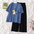 Single Piece / Suit T T-shirt Women's Summer Korean Style ins Cartoon Small Printed Loose Wide-Leg Pants Short-Sleeved Shirt Fashion.