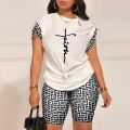 Summer Fashion Print Two Piece Set Women Casual Round Neck Short Sleeve Tshirt Shorts Two Piece Set Women. 
