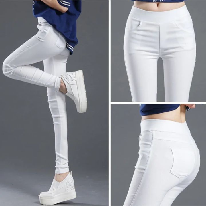 Black Solid High Stretch Pencil Pants Women Fall White Skinny Leggings High Waist Home Trousers Female Casual Wear P8823