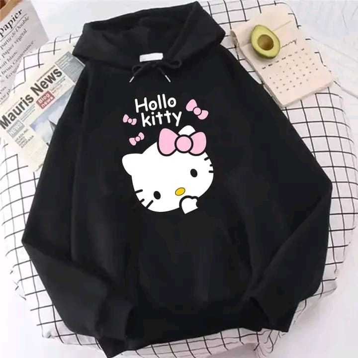 Solid black Color printed (hello kitty) Hoodie 320 GSM Fully Cotton Fabrics Suitable for Women Girls Ladies Hoodie by Tajkiya Fashion