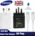 Samsung Super Fast Charger 45W Charge EP-TA845 UK Plug 3 Pin PD Fast Charger Adapter with Type-C To Type-C PD Cable For Samsung GALAXY S23 Ultra S22 Ultra S20 S10 Note 10 Plus S22 Note 20 Ultra 5G A91 A80 S20+ Note10+. 