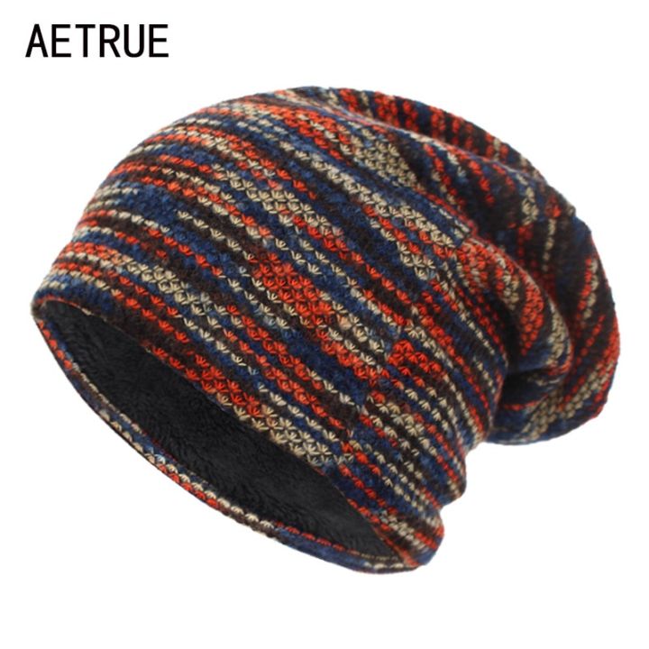 AETRUE Knitted Hat Women Skullies Beanies Winter Hats For Men Bonnet Striped Caps Warm Baggy Soft Female Wool Male Beanie Hat