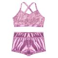 Kids Girls Ballet Dance Clothes Gymnastics Leotard Gym Sports Fitness Workout Tankini Outfit Shiny Sequins Tank Bra Tops Shorts.