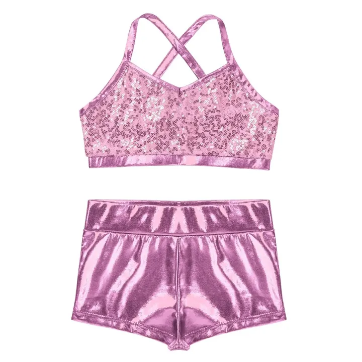 Kids%20Girls%20Ballet%20Dance%20Clothes%20Gymnastics%20Leotard%20Gym%20Sports%20Fitness%20Workout%20Tankini%20Outfit%20Shiny%20Sequins%20Tank%20Bra%20Tops%20Shorts%20-%20Image%203