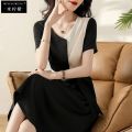 Women's Summer Dress 2024 New Patchwork High-End Temperament High-Grade Satin Lace-up Slimming Midi Dress. 