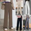 Formal Straight Leg Pants High Waist Wide Leg Office Trousers for Women Solid Color Straight Pants with Pockets High Waist Suit Pants.
