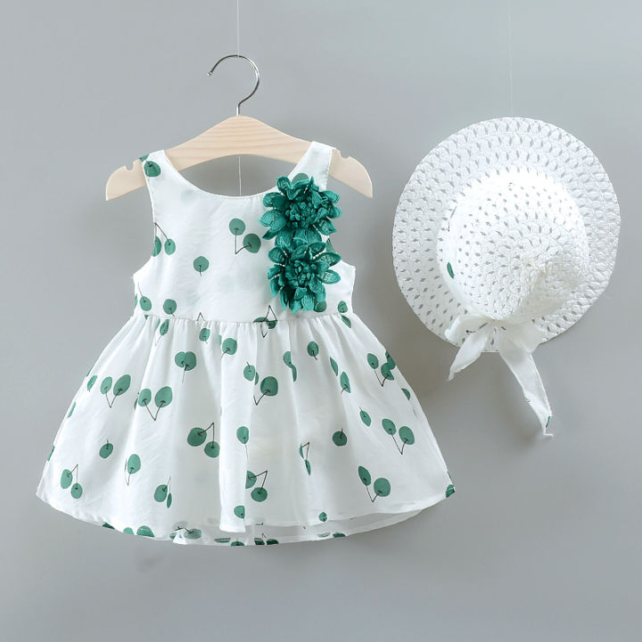 (New) summer new cherry baby dress Beach Party baby girl dress CHILDREN'S sleepless clothes hat (0-3 years old)