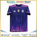 Argentina Away Jersey – AFA Crest – Purple/Navy with Pink Stripes – Short Sleeve Football Fan Jersey – Argentina National Team.