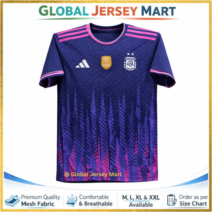 Argentina Away Jersey – AFA Crest – Purple/Navy with Pink Stripes – Short Sleeve Football Fan Jersey – Argentina National Team